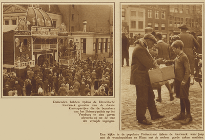 872287 Collage van 2 foto's betreffende de Utrechtse Feestweek, met links een afbeelding van de kermisattractie 'het ...